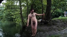 Skinny-dip in public, getting caught naked, cum outdoors