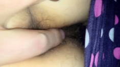 Sneaky play with my wife's hairy asshole then cum on her.