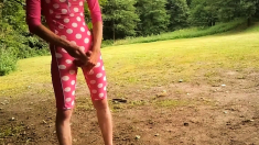 young boy in mid-leght swimsuit masturbate and cum outdoor